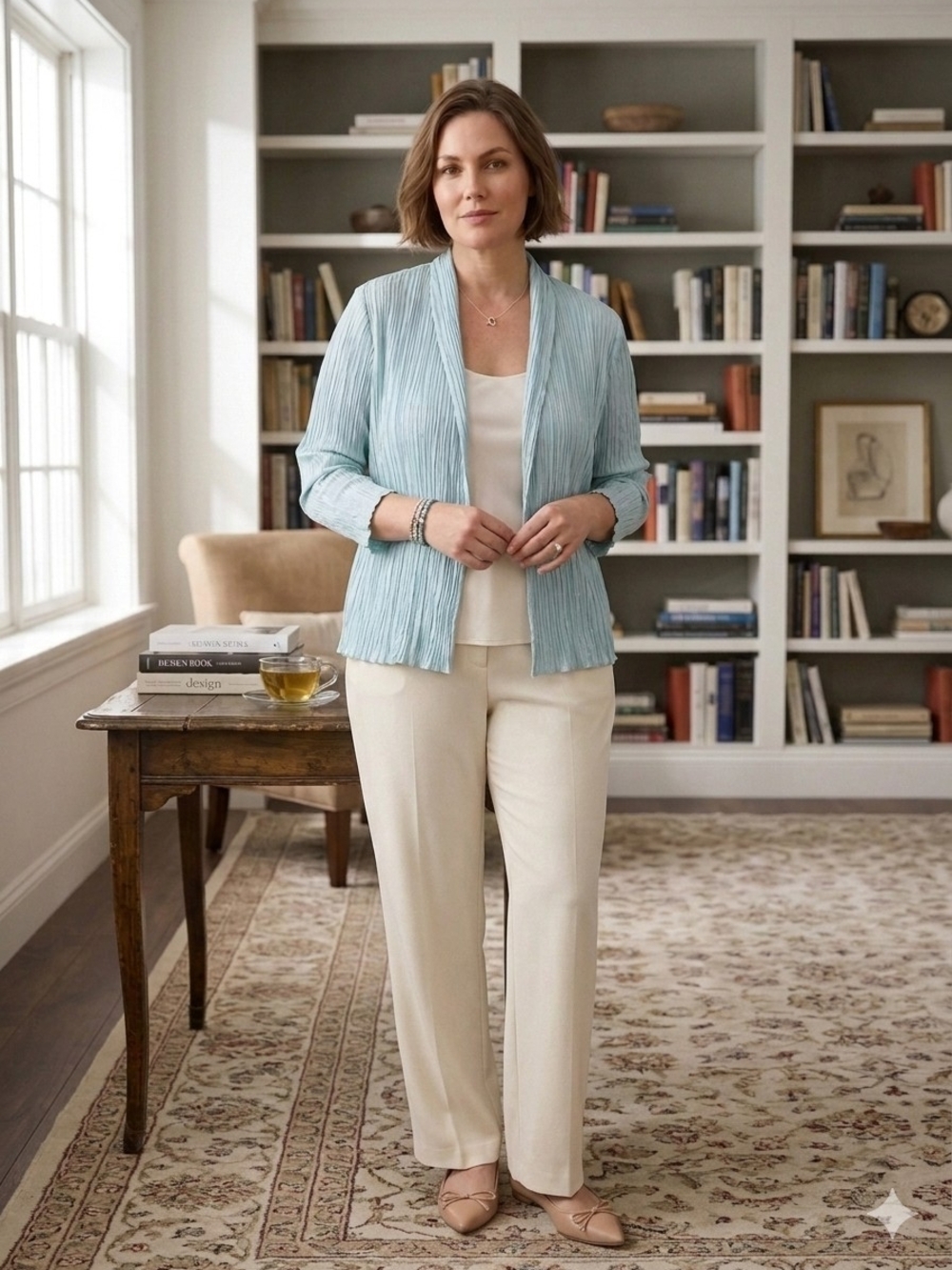 Eileen Fisher Crushed Pool Blue Silk Stand Collar Open-Front Cardigan/Jacket XL - Picture 3 of 11